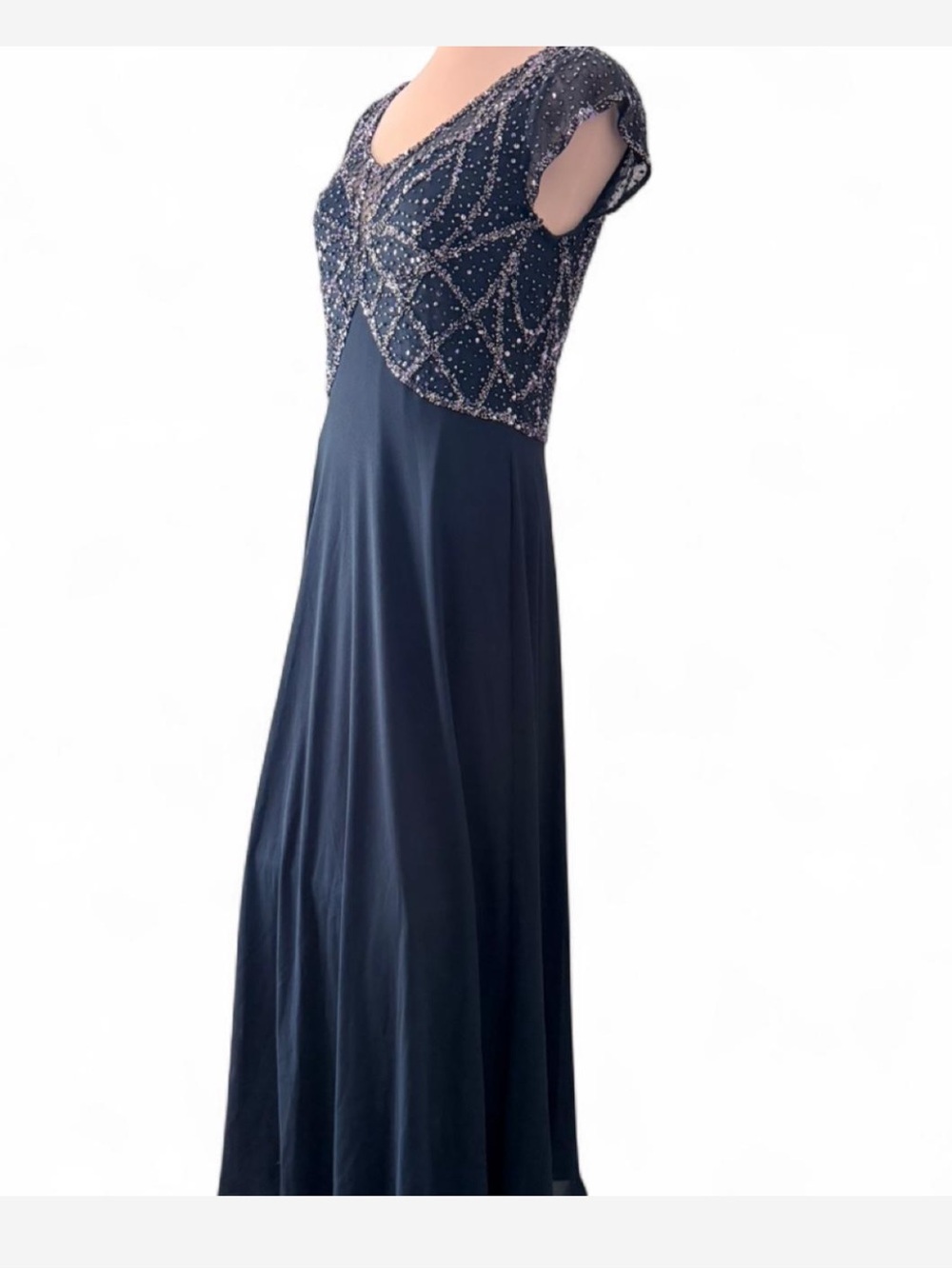 Embellished Navy Evening Dress with Beaded Bodice